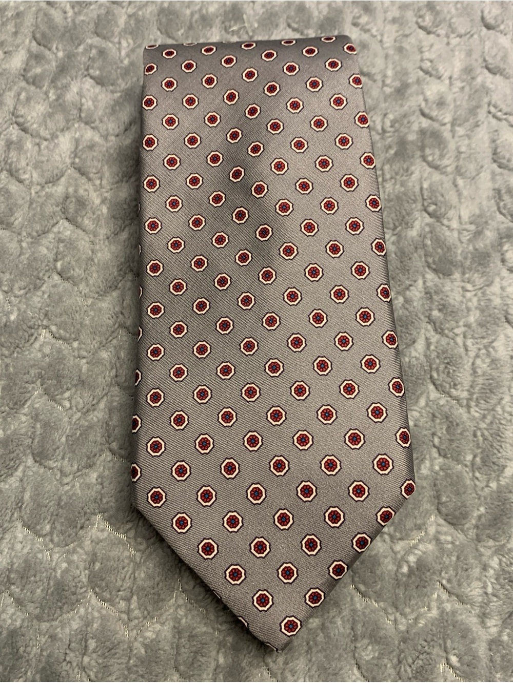 Carter Holmes Men's Grey Tie with Red Medallion Pattern 100% Silk